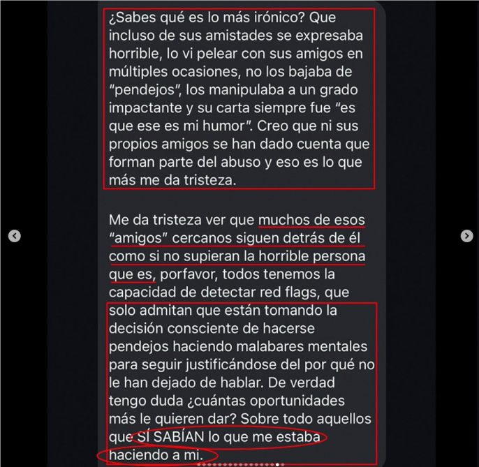 Relato de una víctima que denuncia a Daniel Guillén por abuso emocional y físico.
