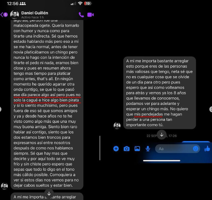 Conversación donde Daniel Guillén promete cambiar, pero persiste en su abuso.