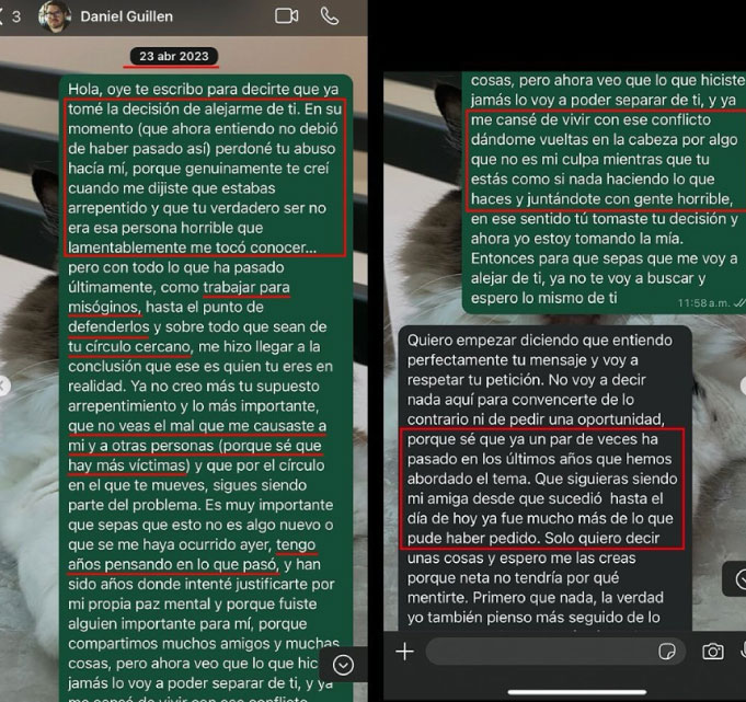 Evidencia de Daniel Guillén reconociendo su abuso, pero sin detener su comportamiento.