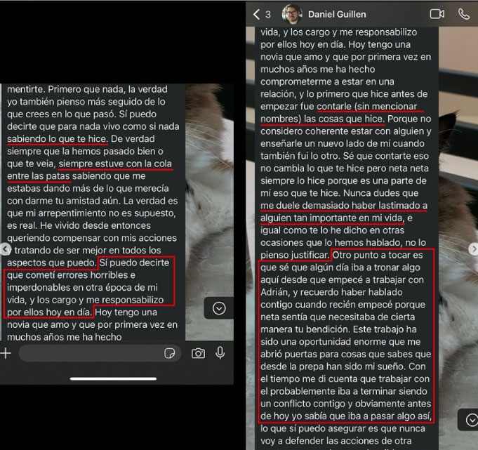 Prueba de que Daniel Guillén admite sus abusos mientras sigue con sus actos misóginos.
