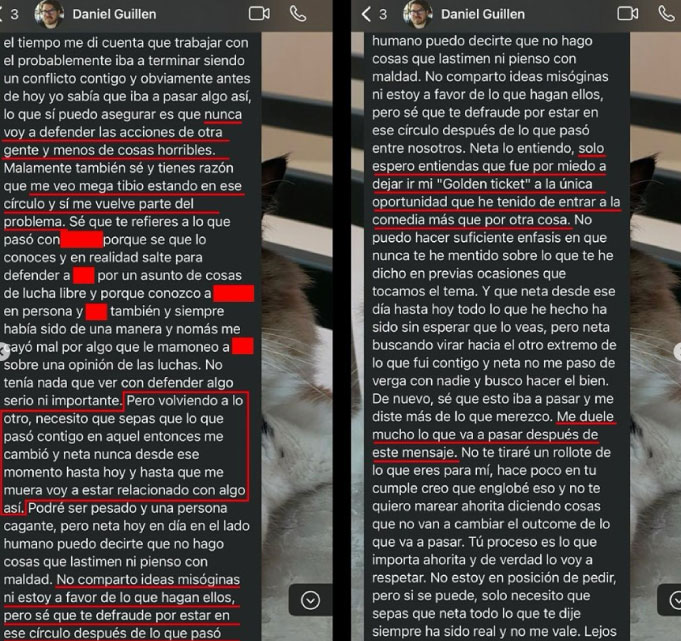 Daniel Guillén admite su culpa en mensajes, pero persiste en su conducta abusiva.
