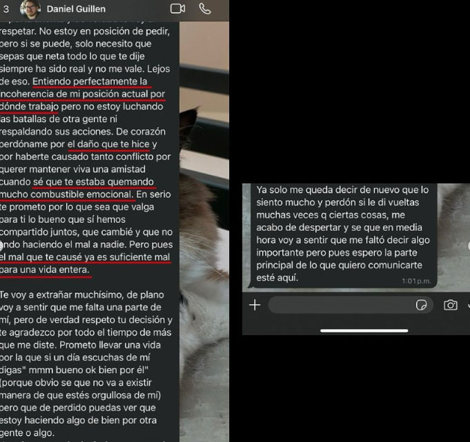 Evidencia de Daniel Guillén reconociendo su abuso, pero sin detener su comportamiento.